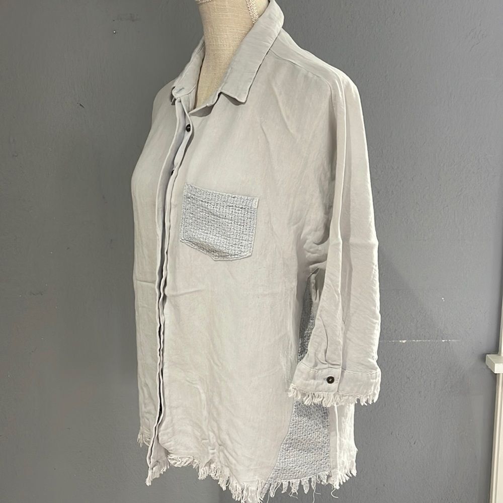 Umgee soft button down shirt with fun pocket and sides and frayed bottom, sleeve